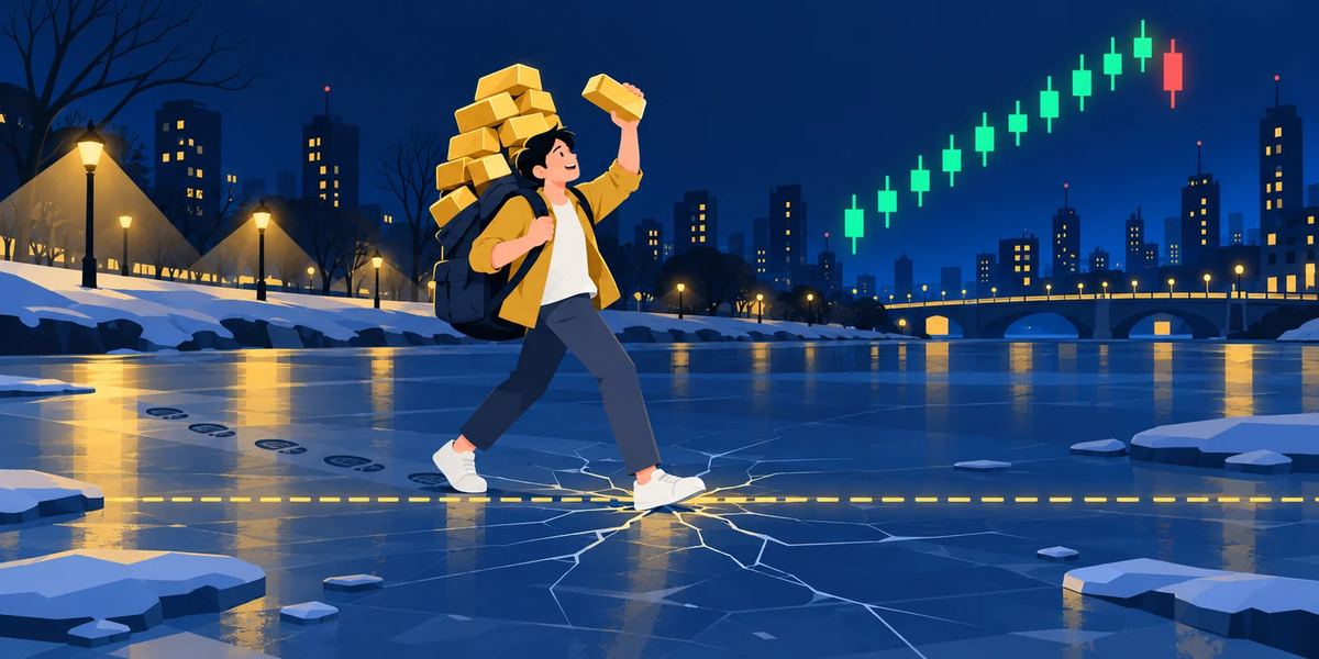 冬夜冰河上,交易者背着越堆越高的金砖还在加,脚下冰面从止损线处开裂,讲加仓被止损。