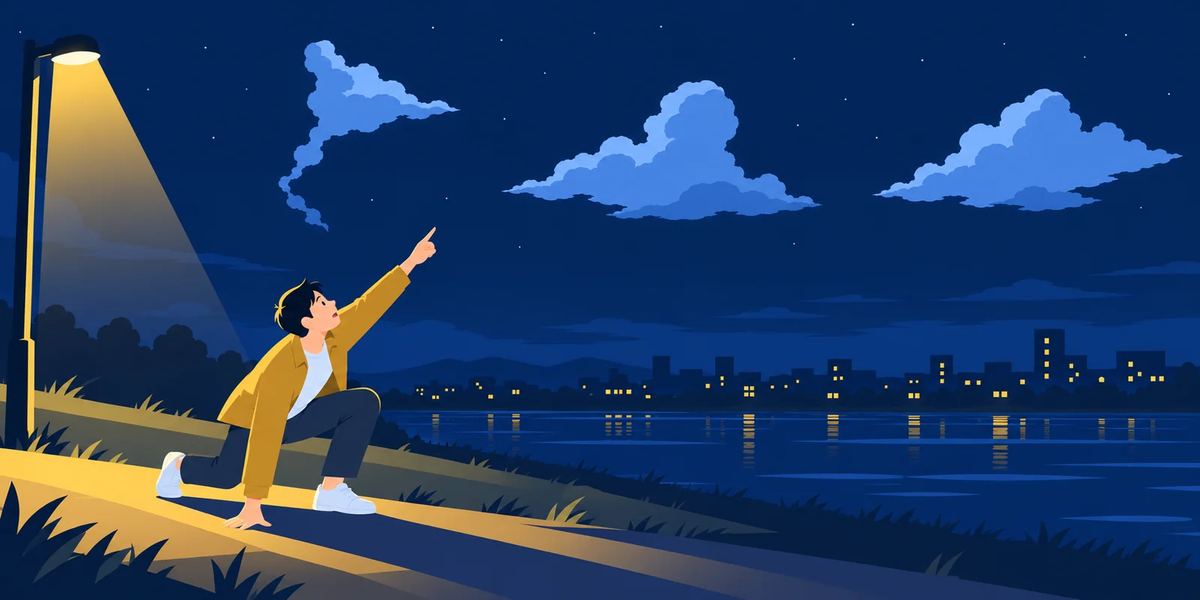 夜裡河堤上,交易者擺好起跑姿勢,抬頭指著像小旗和人頭肩膀的雲,講確認偏誤、看到形態就手癢。