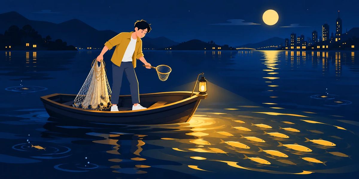 夜里湖上，交易者提着大网和小网站在船头，对比金光翻涌的鱼群和零星水泡，讲什么时候加大仓位。