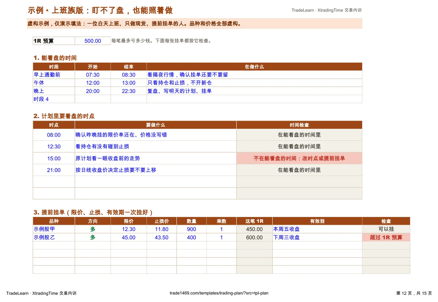 示例:上班族版(看盘时间检查与提前挂单)